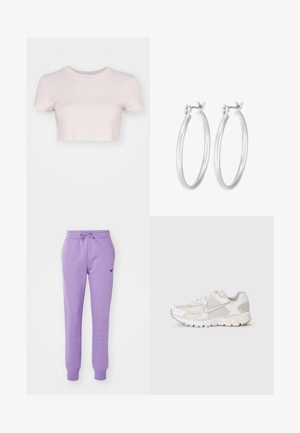 Grezno piegriezts T-krekls gaiši rozā krāsā, izgatavots no mīkstas auduma. Tam ir apaļa apmale un īsas piedurknes, ar mazu balto Nike logo krūtīs.; Nike Sportswear PANT - Treniņtērpa apakšdaļas - daybreak/black; Biežņu sporta apavi ar sietu un sintētiskām materiālām. Piedāvā teksturētu dizainu, mīkstu apkakli un ģeometriskus akcentus uz papēža.; Sudraba riņķveida auss gredzeni ar gludu, pulētu apdari. Apaļa forma un drošs klikšķa augšējais slēgums. Viegls dizains, kas piemērots ikdienas valkāšanai.