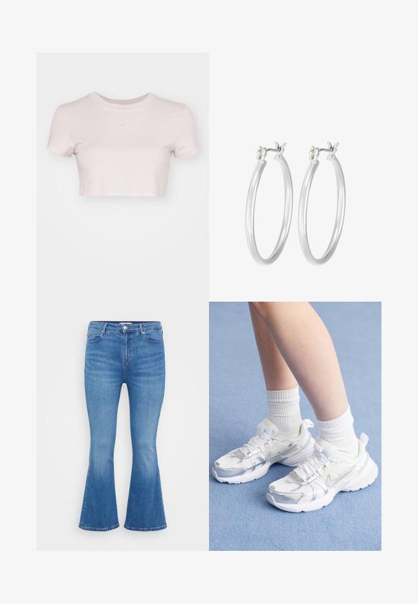 Skraćené tričko svetloružovej farby, vyrobené z mäkkej tkaniny. Má okrúhly výstrih a krátke rukávy s malým bielym logom Nike na hrudi.; Svetlomodré riflové nohavice s rozšírenými nohavicami, vysokým pásom, piatimi vreckami a klasickým gombíkom. Hladká textúra s jemným vyblednutím.; Biele športové topánky s sieťovinou a syntetickými prekrytiami, so strieborným logom Nike, kombinované s rebrovanými bielymi ponožkami na modrom povrchu.; Strieborné kruhové náušnice s hladkým, lesklým povrchom. Kolový tvar a bezpečné klikanie na uzatváranie. Ľahký dizajn vhodný na každodenné nosenie.