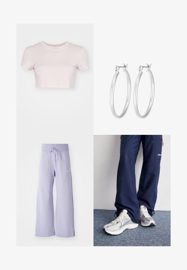Šviesiai rožinė trumpa marškinė, pagaminta iš minkštos medžiagos. Turi apvalų kaklą ir trumpas rankoves, su mažu baltu Nike logotipu ant krūtinės.; Šviesiai violetinės platus kelnes su raišteliu juosmenyje, ant kairio šono esantis mažas baltas Nike logotipas ir šoninės skylutės apykaklėje.; Nike sportiniai batai su sidabro spalvos tinklu, baltais akcentais ir tekstūruotais pado, derinami su laisvais tamsiai mėlynais kelnais.; Sidabriniai auskarai su sklandžiu, poliruotu paviršiumi. Apvalios formos ir saugus uždarymo mechanizmas. Lengvas dizainas, tinkantis kasdieniam dėvėjimui.