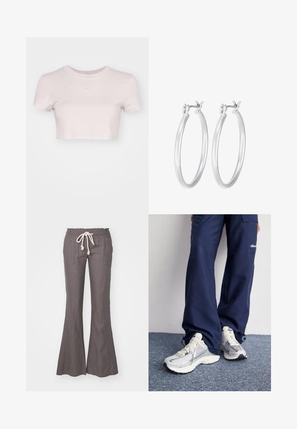 Lyserød cropped T-shirt, lavet af blødt stof. Har rund halsudskæring og korte ærmer med et lille hvidt Nike-logo på brystet.; Udstyret med elastisk talje og snoretræk, grå flared linnedbukser. Har to forlommer og en glat overflade gennem hele bukserne.; Nike sportssko med en sølvfarvet mesh-overdel, hvide detaljer og strukturerede såler, parret med løstsiddende navy bukser.; Sølv hoop øreringe med en glat, poleret overflade. Rund form og sikker klik-lukning. Letvægtsdesign, der er velegnet til hverdagsbrug.