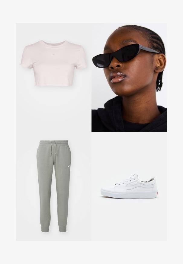 Grezno piegriezts T-krekls gaiši rozā krāsā, izgatavots no mīkstas auduma. Tam ir apaļa apmale un īsas piedurknes, ar mazu balto Nike logo krūtīs.; Nike Sportswear PANT - Treniņtērpa apakšdaļas - light army/sail; Baltas audekla sporta apavi ar zemu topu, apaļu purngalu, sasaistes aizdari, mīkstinātu apkakli un rakstainu iekšējo oderi. Sarkans logo uz papēža.; Melnas kaķa acs saulesbrilles ar matētu apdari, kas izceļas ar elegantu dizainu un maigi izliektiem stūriem, fona attēlā ir modelis ar tumšām drēbēm.; Sudraba riņķveida auss gredzeni ar gludu, pulētu apdari. Apaļa forma un drošs klikšķa augšējais slēgums. Viegls dizains, kas piemērots ikdienas valkāšanai.