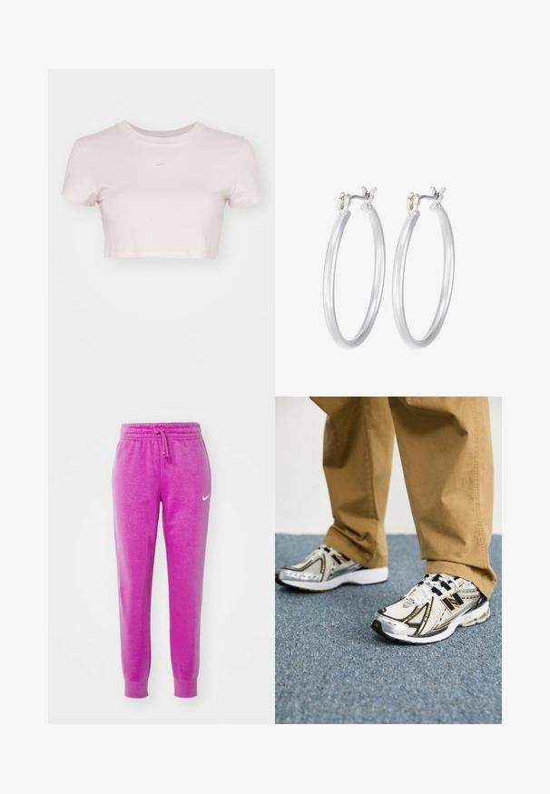 Šviesiai rožinė trumpa marškinė, pagaminta iš minkštos medžiagos. Turi apvalų kaklą ir trumpas rankoves, su mažu baltu Nike logotipu ant krūtinės.; Nike Sportswear PANT - Treningo apatinė dalis - hot fuchsia; Balti ir sidabriniai New Balance sportbačiai su juodais akcentais ir raišteliais, turintys tinklinę viršutinę dalį, paminkštintą padu ir dinamišką dizainą.; Sidabriniai auskarai su sklandžiu, poliruotu paviršiumi. Apvalios formos ir saugus uždarymo mechanizmas. Lengvas dizainas, tinkantis kasdieniam dėvėjimui.