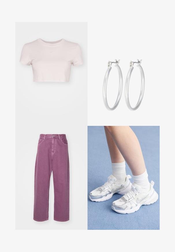 Geknipte T-shirt in lichtroze, gemaakt van zachte stof. Heeft een ronde hals en korte mouwen met een klein wit Nike-logo op de borst.; Carhartt WIP BRANDON PANT - Relaxed fit jeans - dusty fuchsia; Witte sportschoenen met gaas en synthetische overlays, voorzien van een zilveren Nike swoosh, gecombineerd met ribbelige witte sokken op een blauwe ondergrond.; Zilveren oorbellen in de vorm van een gladde, gepolijste ring. Ronde vorm met een veilige kliksluiting. Lichtgewicht ontwerp, geschikt voor dagelijks gebruik.