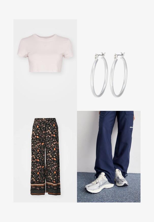 Šviesiai rožinė trumpa marškinė, pagaminta iš minkštos medžiagos. Turi apvalų kaklą ir trumpas rankoves, su mažu baltu Nike logotipu ant krūtinės.; Juodos gėlėtos plačios kojinės kelnės turi spalvingą gėlių ir lapų raštą. Apačia turi dryžuotą dizainą oranžine, ruda ir kreminės spalvos.; Nike sportiniai batai su sidabro spalvos tinklu, baltais akcentais ir tekstūruotais pado, derinami su laisvais tamsiai mėlynais kelnais.; Sidabriniai auskarai su sklandžiu, poliruotu paviršiumi. Apvalios formos ir saugus uždarymo mechanizmas. Lengvas dizainas, tinkantis kasdieniam dėvėjimui.