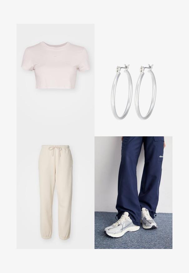 Przycięta koszulka w jasnym różu, wykonana z miękkiego materiału. Posiada okrągły dekolt i krótkie rękawy z małym białym logo Nike na klatce piersiowej.; Beżowe dresy wykonane z miękkiego materiału, z elastycznym pasem na sznurek, zwężanymi nogawkami i małym akcentem w postaci loga.; Buty sportowe Nike z górą z siateczki w kolorze srebrnym, białymi akcentami i teksturowanymi podeszwami, w połączeniu z luźnymi granatowymi spodniami.; Srebrne kolczyki w formie kółek o gładkim, polerowanym wykończeniu. O okrągłym kształcie i pewnym zapięciu na klik. Lekka konstrukcja odpowiednia do codziennego noszenia.