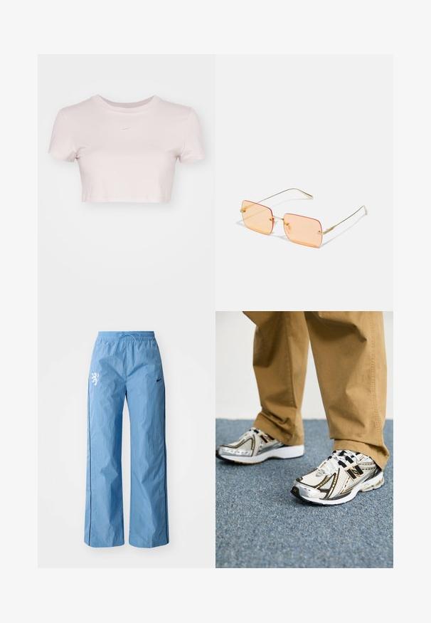 Grezno piegriezts T-krekls gaiši rozā krāsā, izgatavots no mīkstas auduma. Tam ir apaļa apmale un īsas piedurknes, ar mazu balto Nike logo krūtīs.; Gaiši zilas, platās bikses izgatavotas no teksturēta auduma, ar melnu sānu svītru un baltu lauvu grafiku priekšā. Iekļauts elastīgs jostasvīrs.; Baltas un sudraba New Balance apavi ar melnām akcentiem un šņorēm, ar sietveida augšdaļu, mīkstinātu zolīti un dinamisku dizainu.; Zelta metāla rāmja saulesbrilles ar taisnstūrveida oranžajiem stikliem. Izsmalcināti plāni stari un diskretās tekstūras akcenti tuvu pie eņģēm.; Sudraba riņķveida auss gredzeni ar gludu, pulētu apdari. Apaļa forma un drošs klikšķa augšējais slēgums. Viegls dizains, kas piemērots ikdienas valkāšanai.