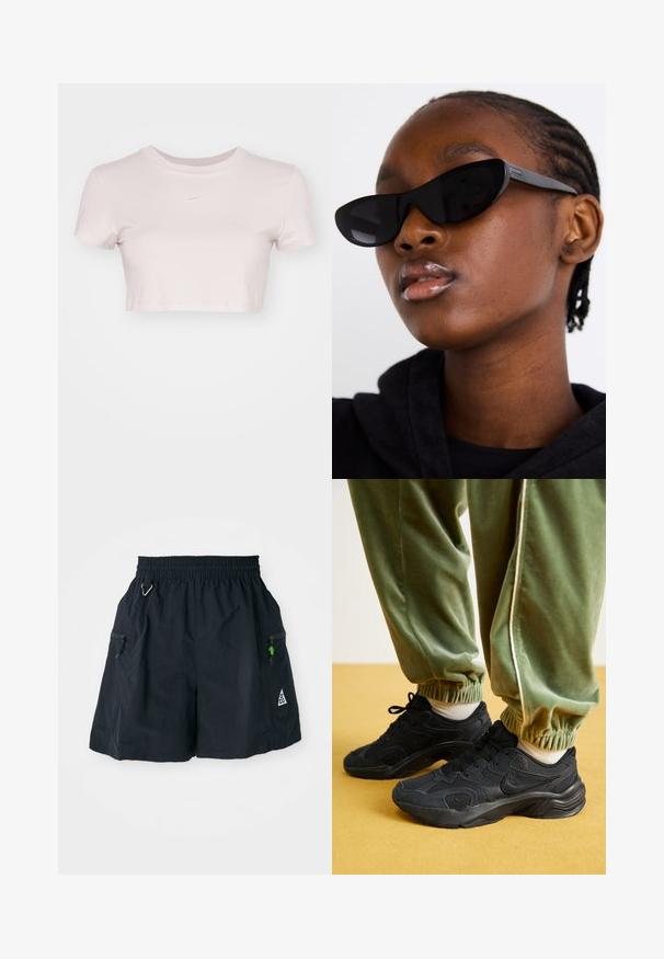 Camiseta corta en rosa claro, hecha de tejido suave. Presenta un cuello redondo y mangas cortas con un pequeño logo blanco de Nike en el pecho.; Pantalones cortos negros de tejido ligero, con una cintura elástica, bolsillos laterales con cremalleras y un logo en forma de triángulo en el dobladillo.; Zapatillas deportivas negras con superposiciones de malla y sintético, suela texturizada, combinadas con pantalones de chándal verdes con puños elásticos, sobre una superficie amarilla.; Gafas de sol estilo cat-eye en negro con acabado mate, que presentan un diseño elegante y bordes suavemente curvados, colocadas sobre la ropa oscura de un modelo.; Pendientes de aro de plata con un acabado liso y pulido. Forma redonda y cierre de click seguro. Diseño ligero adecuado para el uso diario.
