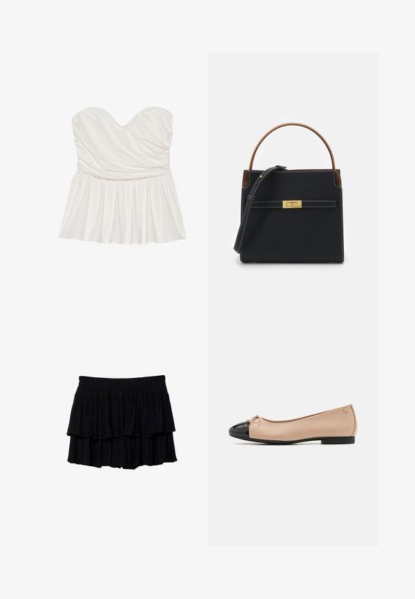 Top bianco senza spalline con scollo a cuore, texture arricciata e orlo svasato. Realizzato in tessuto morbido, presenta una finitura liscia.; Gonna mini nera a strati con design arricciato, tessuto morbido e vita elastica per il comfort. Tessuto fluido con strati sovrapposti.; Ballerine con upper in satin beige, punta in vernice nera, piccolo fiocco sul davanti e tacco basso nero.; Borsa nera in tessuto strutturato, con un manico in pelle marrone, chiusura in metallo dorato e cuciture bianche, dotata di una tracolla rimovibile.