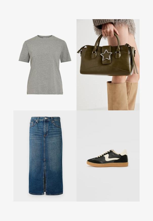 Grijs katoenen T-shirt met een klassieke ronde hals, korte mouwen en een gladde textuur, geschikt voor casual dragen.; Donkerblauwe denim midi-jurk met een frontslit, vijf zakken en contrasterende stiksels. Voorzien van een knoop- en ritsluiting bij de taille.; Zwarte suède en leren sneaker met een crèmekleurige zij-swoosh en lichte crèmekleurige hiel. Voorzien van beige veters en een gumrubberen zool.; Olijf groen neplederen handtas met zilveren steraccent, dubbele handvatten en een ritssluiting. Gelaagd oppervlak en gestructureerde vorm.