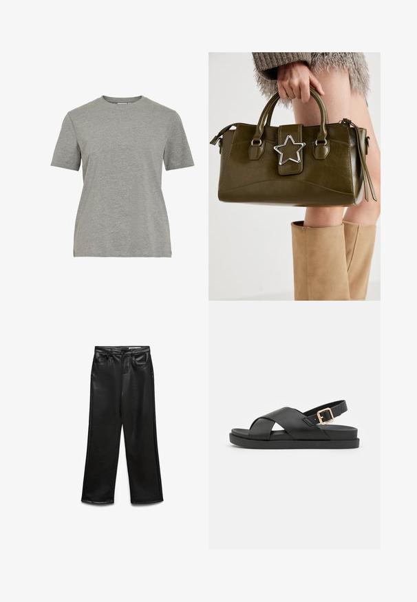 Grey cotton T-shirt featuring a classic crew neck, short sleeves, and a smooth texture, suitable for casual wear.; Black faux leather wide-leg pants with front pockets, belt loops, and subtle sheen. Smooth texture and tailored fit.; Black slingback sandals with crossed straps, made of textured material. Features a flat sole and a gold-tone buckle accent on the heel.; Olive green faux leather handbag with silver star accent, dual handles, and a zip closure. Textured surface and structured shape.