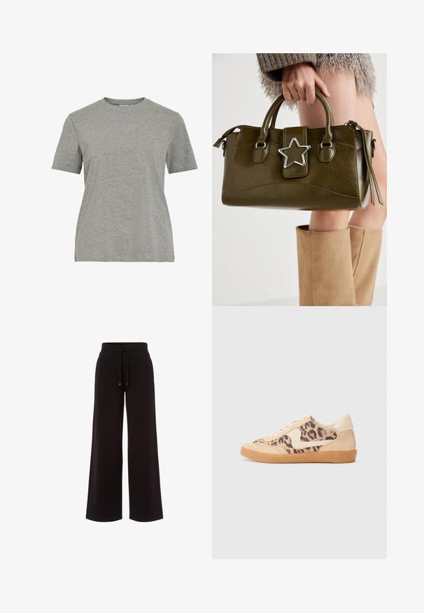 Szara bawełniana koszulka z klasycznym okrągłym dekoltem, krótkimi rękawami i gładką fakturą, odpowiednia do codziennego noszenia.; Czarne szerokie spodnie wykonane z miękkiego materiału. Posiadają elastyczny pas z sznurkiem do regulacji dopasowania. Gładka tekstura, brak wzorów.; Sneakers w panterkowym wzorze, z beżową zamszową cholewką, brązową gumową podeszwą i białymi akcentami. Okrągły czubek i sznurowany fason z fakturowym wykończeniem.; Oliwkowa torebka z ekoskóry z srebrnym akcentem w kształcie gwiazdy, podwójnymi uchwytami i zapięciem na zamek. Teksturowana powierzchnia i wyraźnie zarysowany kształt.