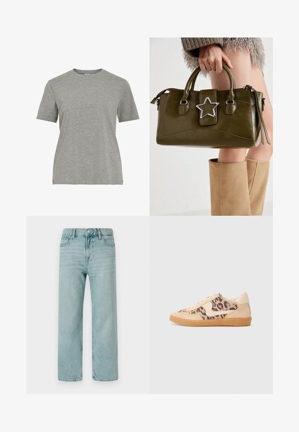 Hall hallist puuvillast T-särk, millel on klassikaline ümarsärk, lühikesed varrukad ja sile tekstuur, sobib vabaajaks.; Heledad sinine lai leg jeans, mis on valmistatud denimist, klassikalise viie tasku disainiga, puhaste joontega ning regulaarse vöökohtadega, millel on nupuvajutus.; Leopardi mustriga tossud, millel on beež sueded ülemine osa, pruuni kummist põhi ja valged aktsendid. Ümar nina ja lipsukujundus, millel on tekstureeritud viimistlus.; Oliivroheline kunstnahast käekott koos hõbedase tähe aktsendiga, kahe käepideme ja luku sulgemisega. Tekstuuriga pind ja struktureeritud kuju.