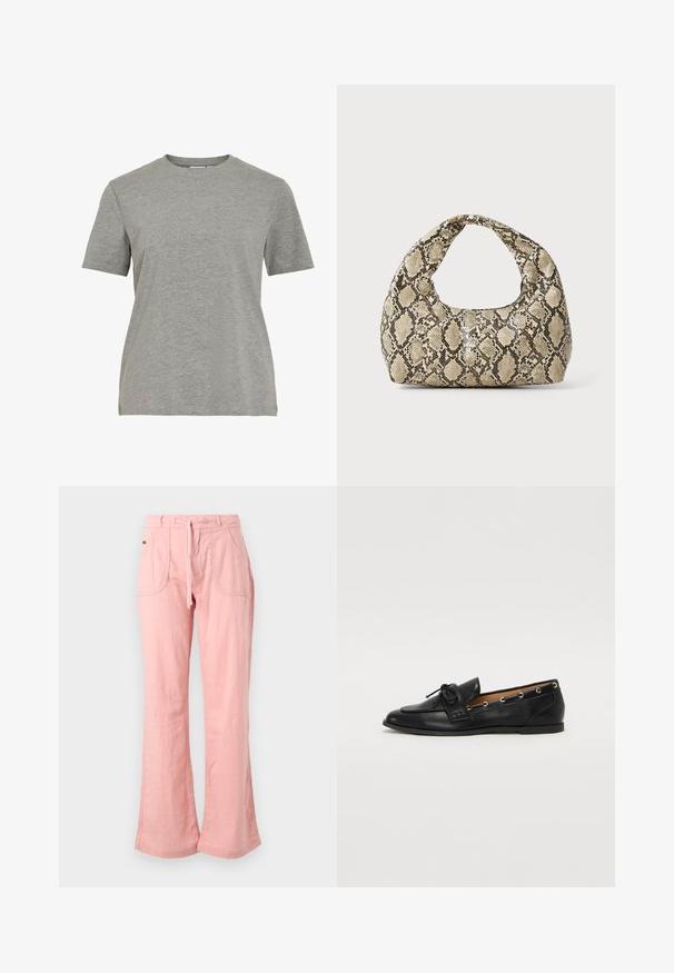 Szürke pamut póló, klasszikus kerek nyakú, rövid ujjú és sima textúrájú, alkalmi viseletre ideális.; Világos rózsaszín, bő szárú nadrág, puha anyagból készült, húzózsinóros derékkal, két elülső zsebbel és textúrált felülettel.; Fekete bőr lófarok cipők, megkötött masnival, arany szemcsés díszítéssel az oldalán és lapos gumitalppal. Simaság, klasszikus dizájn.; Kígyómintás kézitáska ívelt fogantyúval. Texturált, bézs és barna anyagból készült, jellegzetes gyémántmintával.