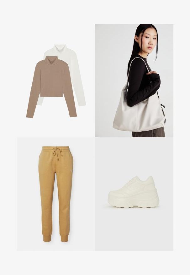 Du trompetų megztiniai: vienas iš švelnaus rudos spalvos su juostelėmis, o kitas - lygus baltas. Abu turi ilgus rankovės ir trumpą dizainą.; Nike sportinės kelnės auksinės rudos spalvos, pagamintos iš minkštos medžiagos, su nusegamu juosmeniu ir raukšlėtomis rankovėmis. Yra mažas baltas logotipas.; Baltos platformos sportbačiai su lygiu odos primenančiu paviršiumi, apvalia forma, paminkštintu apykakle ir tekstūruotu guminiu padu su ryškiais protektoriais.; Bežinė rankinė, pagaminta iš minkštos medžiagos, turinti laisvą dizainą, siuvinėtas detalės ir dvi petnešos. Tinkama kasdieniam naudojimui.