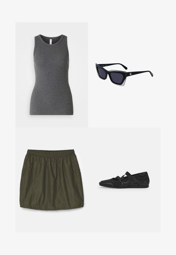 Grijze mouwloze tanktop van ribmateriaal; heeft een ronde halslijn en een getailleerd ontwerp. Geen patronen of extra accenten.; Olijfgroene, lichte rok met een elastische tailleband, geplooide textuur, zijzakken en gestikte details.; Zwarte platte schoenen met een zachte, gestructureerde bovenkant, voorzien van twee verstelbare banden en een afgeronde neus, geplaatst op een platte rubberen zool.; Zwarte oversized zonnebril met een geometrische vorm, voorzien van donkere glazen en een contrasterend grijs detail op het montuur. Logo op de arm.; Zilveren oorringen met een gladde, glanzende afwerking. Ronde vorm, lichtgewicht ontwerp, voorzien van een post-back sluiting.