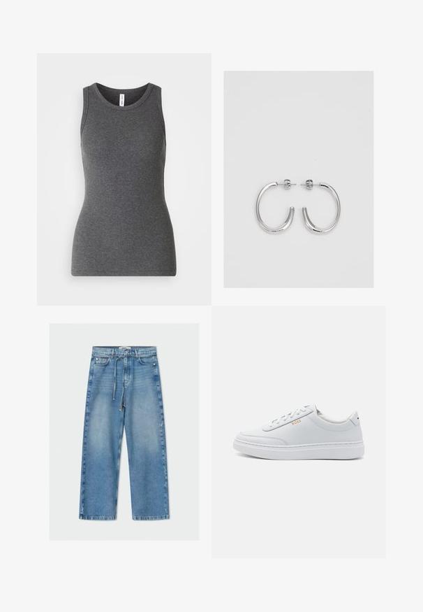 Débardeur gris sans manches en matière côtelée ; doté d'un col rond et d'une coupe ajustée. Sans motifs ni accents supplémentaires.; Jean en denim bleu clair à jambes larges, taille haute, avec cordon de serrage, design à cinq poches et finition brut.; Basket en cuir blanc avec bout rond, semelle plate, lacets à l'avant et couture discrète. Détail du logo doré sur le côté. Texture lisse.; Boucles d'oreilles créoles en argent avec une surface lisse et brillante, présentant une forme incurvée et une fermeture à tige. Design minimaliste avec une finition moderne.