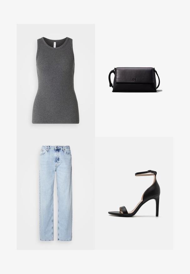Pelēks bezpiedurkņu t-krekls, izgatavots no ribota materiāla; tam ir apaļa apkakle un pieguļošs dizains. Nav rakstu vai papildu akcentu.; Gaiši zilas platās kājas džinsi, izgatavoti no denima, ar augstu jostas vietu, izbalinātu krāsu un smalku krāsošanas rakstu priekšpusē.; Melna ādas augstpapēžu sandaļa ar plānu potītes siksniņu, atvērtu degunu un minimālistisku dizainu ar gludu tekstūru un bezšuvju apdari.; Melna ādas maku ar taisnstūra formu, gludu tekstūru, platu aizdari un nelielu rokturi sānos. Satur diskretu logo.; Sudraba riņķveida auskari ar gludu, spīdīgu apdari. Apaļas formas, viegla dizaina, ar aizdari uz stieples.