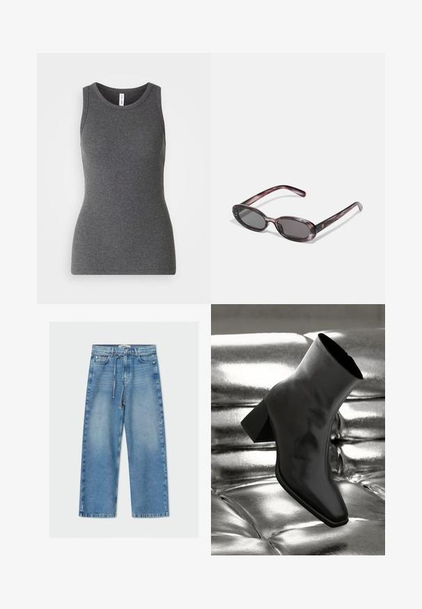 Gray sleeveless tank top made of ribbed material; features a round neckline and a fitted design. No patterns or additional accents.; Light blue denim wide-leg jeans with a high waist, drawstring tie, five-pocket design, and raw hem detail.; Black ankle boot made of glossy material with a square toe and tapered heel, set against a shiny silver tufted background.; Oval sunglasses with a marbled purple frame, dark lenses, and slender arms featuring a small gold logo accent.