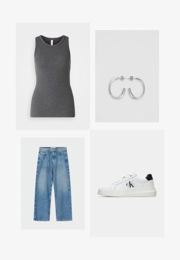 Szürke ujjatlan trikó bordázott anyagból; kerek nyakkivágása és testhezálló szabása van. Nincsenek minták vagy kiegészítő díszítések.; Világoskék farmer széles lábú nadrág magas derékkal, zsinóros megkötővel, öt zsebes dizájnnal és nyers szegéllyel.; Fehér alacsony szárú edzőcipő fekete saroktabbal, platform talppal, fűzőkkel és Calvin Klein "CK" logóval az oldalán.; Ezüst karika fülbevalók sima, fényes felülettel. Lekerekített forma, könnyű kialakítással, tűs zárómechanizmussal.