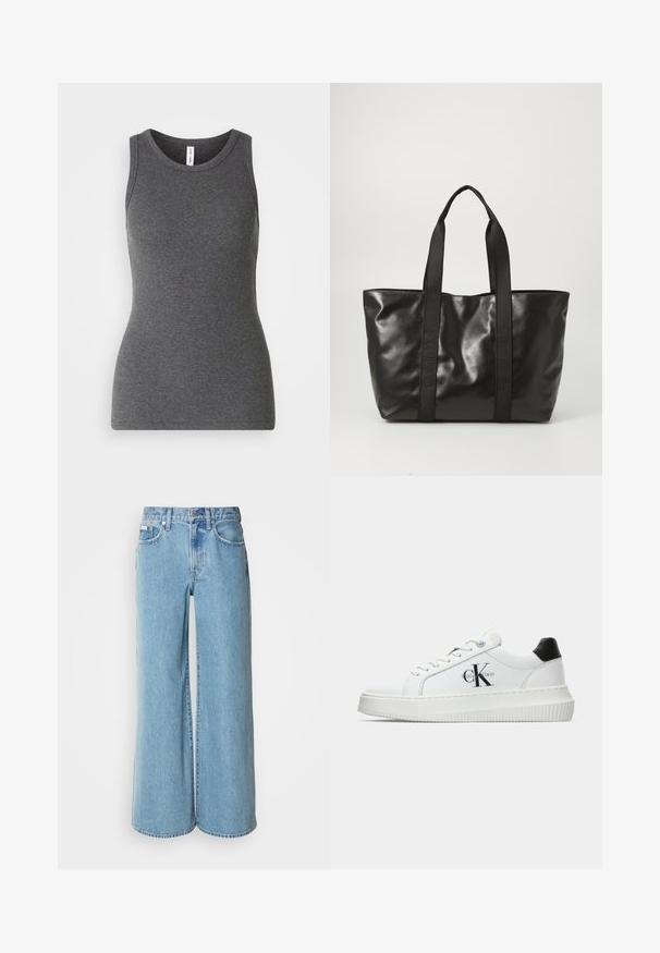 Top sin mangas gris hecho de material acanalado; cuenta con un cuello redondo y un diseño ajustado. Sin patrones ni acentos adicionales.; Jeans de mezclilla de corte ancho en un tono azul claro, con cintura alta, diseño de cinco bolsillos y un ligero desgastado en la tela.; Zapatilla baja blanca con talón negro, suela de plataforma, cordones y logotipo "CK" de Calvin Klein en el lado.; Bolso tote negro brillante hecho de material sintético, con dos asas planas y detalles del logotipo en relieve en los laterales. Diseño espacioso.; Pendientes de aro de plata con un acabado pulido y la marca DKNY, exhibidos sobre un fondo blanco liso.