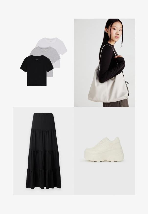 Komplet treh majic s kratkimi rokavi v črni, sivi in beli barvi. Izdelane iz bombaža, z okroglim izrezom in preprostim, enobarvnim dizajnom.; Črna maxi krila iz mehkega blaga, s slojevitim dizajnom, elastičnim pasom in volančki na robu.; Bele platformske tene z belim zgornjim delom, ki spominja na usnje, okroglo obliko, oblazinjen ovratnik ter gumo z teksturo na podplatu z izrazitimi profili.; Bežna torbica iz mehkega materiala, z ohlapno zasnovo, šivi in dvema naramnicama. Primerna za vsakodnevno uporabo.