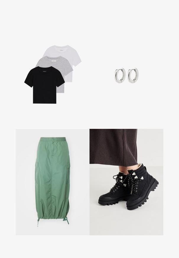 Sada troch tričiek s krátkym rukávom v čiernej, šedej a bielej farbe. Vyrobené z bavlny, s okrúhlym výstrihom a jednoduchým, jednofarebným dizajnom.; Carhartt WIP CARGO SKIRT - sukňa v tvare A - duck green rinsed; Čierne členkové topánky s textúrovaným semišovým zvrškom, masívnou gumovou podošvou, kovovými očkami a kontrastnými šnúrkami pre bezpečné zapínanie. Viditeľné je aj hrejivé podšívanie.; Strieborné kruhové náušnice s lešteným povrchom, s obvodovým dizajnom a bezšvíkovými pántmi, ktoré majú hladkú textúru.