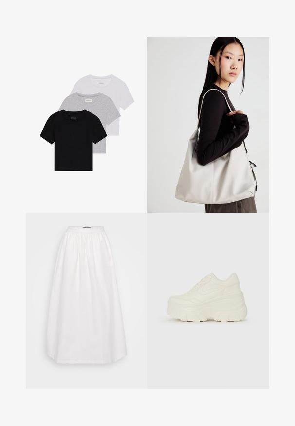 Trijų trumpomis rankovėmis marškinėlių rinkinys juodos, pilkos ir baltos spalvos. Pagaminti iš medvilnės, turi apvalų iškirpimą ir paprastą, vientisos spalvos dizainą.; Balta medvilninė suknele su lygia tekstūra, aukštu liemeniu ir surinktomis detalėmis. Tekanti iki kulkšnies ilgio, su nedideliu A formos siluetu.; Baltos platformos sportbačiai su lygiu odos primenančiu paviršiumi, apvalia forma, paminkštintu apykakle ir tekstūruotu guminiu padu su ryškiais protektoriais.; Bežinė rankinė, pagaminta iš minkštos medžiagos, turinti laisvą dizainą, siuvinėtas detalės ir dvi petnešos. Tinkama kasdieniam naudojimui.
