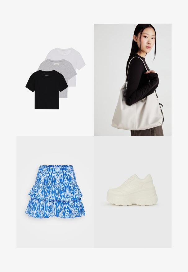 Három rövidujjú póló készlet fekete, szürke és fehér színben. Pamutból készült, kerek nyakú, egyszerű, egyszínű dizájnnal.; Kék, tiered szoknya élénk ikat mintával. Ráncolt rétegekkel és rugalmas derékpánttal rendelkezik a könnyű állíthatóság érdekében. Az anyag könnyűnek tűnik.; Fehér platform sportcipők, sima bőrszerű felsőrésszel, kerek formával, párnázott bokával és texturált gumitalppal, jól definiált mintázattal.; Puha anyagból készült bézs kézitáska, laza dizájnnal, varrott részletekkel és két vállpánttal. Mindennapi használatra alkalmas.
