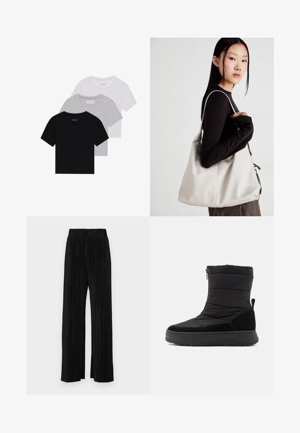 Conjunto de tres camisetas de manga corta en negro, gris y blanco. Están hechas de algodón, cuentan con cuello redondo y un diseño simple de un solo color.; Pantalones negros de pliegues con una cintura elástica. Presentan piernas anchas y una tela suave y texturada con rayas verticales.; Botín negro impermeable con parte superior acolchada, acentos de ante, suela de goma texturizada y cierre de cremallera en el lateral. Forro suave visible en la parte superior.; Bolso de mano beige hecho de material suave, con un diseño holgado, detalles cosidos y dos asas. Adecuado para uso diario.