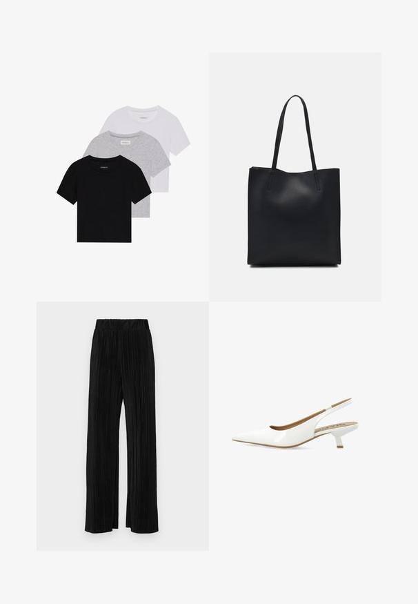 Set of three short-sleeve t-shirts in black, gray, and white. Made from cotton, featuring a crew neck and a simple, solid color design.; Black pleated trousers with an elastic waistband. Features wide legs and a smooth, textured fabric with vertical stripes.; White patent leather slingback heel with a pointed toe, featuring a low block heel and a cutout detail at the back. Smooth texture.; Black leather tote bag with smooth texture, rectangular shape, and two long handles. No visible hardware or embellishments.