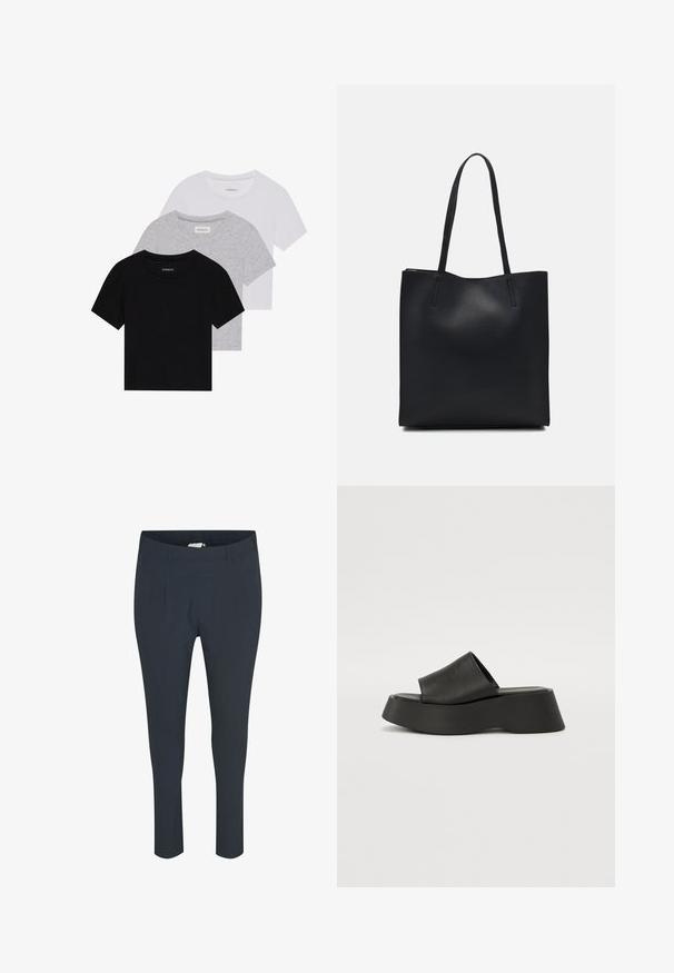 Sada tří triček s krátkým rukávem v černé, šedé a bílé barvě. Vyrobena z bavlny, s kulatým výstřihem a jednoduchým jednobarevným designem.; Námořnické modré, upravené kalhoty s hladkým povrchem, se záhyby na přední straně a elastickým pasem pro pohodlí.; Černé platformové sandály s širokým páskem a masivní podrážkou. Vyrobené z hladkého materiálu s matným povrchem a bez viditelného kovového příslušenství.; Černá kožená taška přes rameno s hladkým povrchem, obdélníkovým tvarem a dvěma dlouhými uchy. Žádné viditelné kování ani ozdoby.