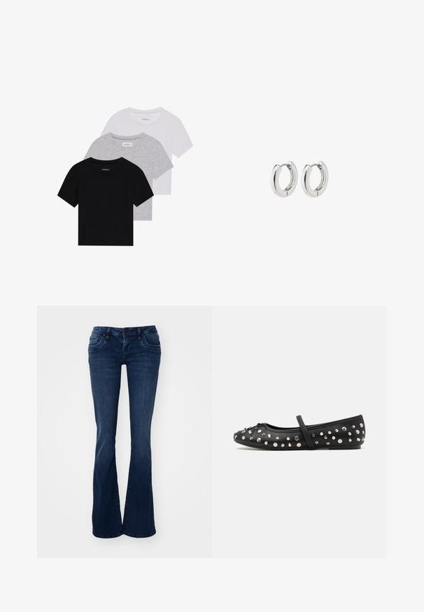 Sada tří triček s krátkým rukávem v černé, šedé a bílé barvě. Vyrobena z bavlny, s kulatým výstřihem a jednoduchým jednobarevným designem.; Tmavě modré rozšířené džíny vyrobené z denimu, s předními kapsami, zapínáním na knoflík a hladkým povrchem.; Černé baletní střevíce z kůže, zdobené stříbrnými nýty. Obsahují pásku přes nárt a mají kulatou špičku.; Stříbrné kruhové náušnice s lesklým povrchem, které mají obdélníkový design a bezproblémové závěsy, vykazující hladký povrch.