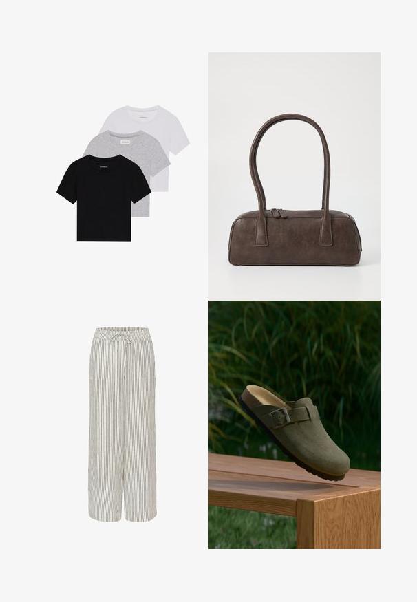 Ensemble de trois t-shirts à manches courtes en noir, gris et blanc. Fabriqués en coton, avec un col rond et un design simple de couleur unie.; Pantalons larges en mélange de lin avec un motif rayé beige et gris. Comprend une taille élastique avec cordon de serrage et deux poches avant.; Sabots en daim vert avec un bout arrondi, boucle métallique ajustable et semelle en liège profilée. Semelle texturée sur une surface en bois.; Sac à main en cuir marron avec deux poignées robustes, de forme rectangulaire, texture lisse et fermeture zippée. Design minimaliste sans motifs visibles.