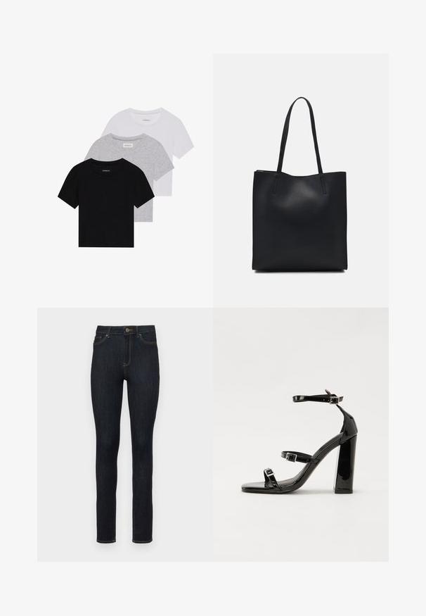 Set od tri majice kratkih rukava u crnoj, sivoj i bijeloj boji. Izrađene od pamuka, s okruglim izrezom i jednostavnim, jednobojnim dizajnom.; Tamno plave uske traperice izrađene od denima, s klasičnim dizajnom s pet džepova, zlatnim šavovima i kopčanjem na gumbe u struku.; Crne lakirane sandale na pete sa kvadratnim nosom, trakama oko gležnja i srebrnim kopčama. Imaju čvrst blok petu za stabilnost.; Crna kožna torba za nošenje s glatkom teksturom, pravokutnim oblikom i dvije duge ručke. Nema vidljivih metalnih dijelova ili ukrasa.