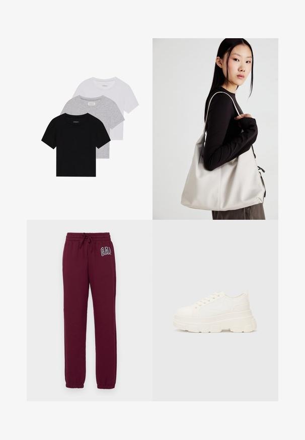 Sett med tre kortermede t-skjorter i svart, grått og hvitt. Laget av bomull, med rund hals og en enkel, ensfarget design.; Gap Tall HERITAGE JOGGER - Joggebukse - ruby wine; Hvit kanvas sneakers med chunky såle, avrundet tå og fem hull for snøringer. Bakre tab for enkel påkledning. Glatt tekstur, minimalistisk design.; Beige håndveske laget av mykt materiale, med en slapp design, sydd detaljer og to skulderstropper. Passer for daglig bruk.
