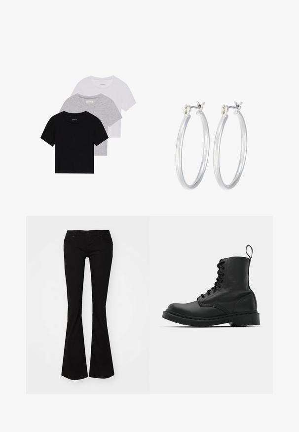 Trijų trumpomis rankovėmis marškinėlių rinkinys juodos, pilkos ir baltos spalvos. Pagaminti iš medvilnės, turi apvalų iškirpimą ir paprastą, vientisos spalvos dizainą.; Juodos plačios džinsinės kelnės su užtrauktuku, penkiomis kišenėmis ir prigludusia juosmens linija, kuri tęsiasi iki plačių kraštų ties kulkšnimi.; Juodas odinis kovinis botas su apvalioms pirštams, šnerviniu priekiniu užsegimu ir užtraukiamu užtrauktuku prie kulkšnies. Ypatybė - storas guminis padas, užtikrinantis ilgaamžiškumą.; Sidabriniai auskarai su sklandžiu, poliruotu paviršiumi. Apvalios formos ir saugus uždarymo mechanizmas. Lengvas dizainas, tinkantis kasdieniam dėvėjimui.