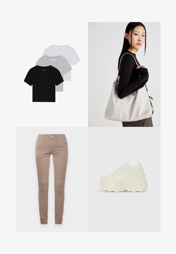 Komplet treh majic s kratkimi rokavi v črni, sivi in beli barvi. Izdelane iz bombaža, z okroglim izrezom in preprostim, enobarvnim dizajnom.; Svetlo rjave skinny hlače iz tkanine, s klasičnim dizajnom petih žepov, zadrgo in subtilno teksturirano površino.; Bele platformske tene z belim zgornjim delom, ki spominja na usnje, okroglo obliko, oblazinjen ovratnik ter gumo z teksturo na podplatu z izrazitimi profili.; Bežna torbica iz mehkega materiala, z ohlapno zasnovo, šivi in dvema naramnicama. Primerna za vsakodnevno uporabo.