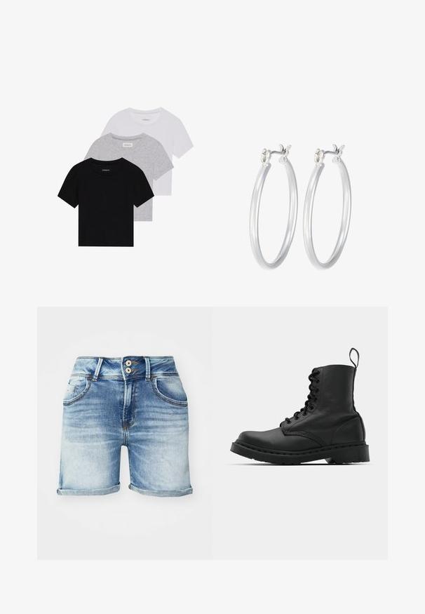 Kolm lyhythihaista t-paitaa mustana, harmaana ja valkoisena. Valmistettu puuvillasta, jossa on pyöreä kaula-auko ja yksinkertainen, tasavärinen muotoilu.; Vaaleansiniset farkkushortsit, joissa on haalistunut pesu, käännetyt lahkeet, kaksi etutaskua ja kaksi metallinappia vyötäröllä. Sileä rakenne.; Musta nahkasaapas taisteluun, jossa on pyöreä kärki, nauhakiinnitys etuosassa ja vetolenkki nilkassa. Varustettu paksulla kumipohjalla kestävyystä varten.; Hope-silver rengas, joissa on sileä ja kiillotettu pinta. Pyöreä muoto ja turvallinen napsautettava lukitus. Kevyt muotoilu sopii päivittäiseen käyttöön.