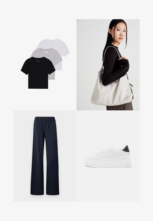 Kolm lyhythihaista t-paitaa mustana, harmaana ja valkoisena. Valmistettu puuvillasta, jossa on pyöreä kaula-auko ja yksinkertainen, tasavärinen muotoilu.; Navy blue leveled pants, valmistettu sileästä kankaasta, jossa on joustava vyötärö ja täyspitkä muotoilu ilman lisäyksityiskohtia.; Valkoiset alustasneakerit, jotka on valmistettu sileästä synteettisestä materiaalista. Niissä on pyöreä kärki, nauhakiinnitys ja teksturoitu kumipohja. Musta kantakorko korostaa ilmettä.; Beige laukku, joka on valmistettu pehmeästä materiaalista, ja siinä on rento muotoilu, ommeltu yksityiskohtia ja kaksi olkahihnaa. Sopii päivittäiseen käyttöön.