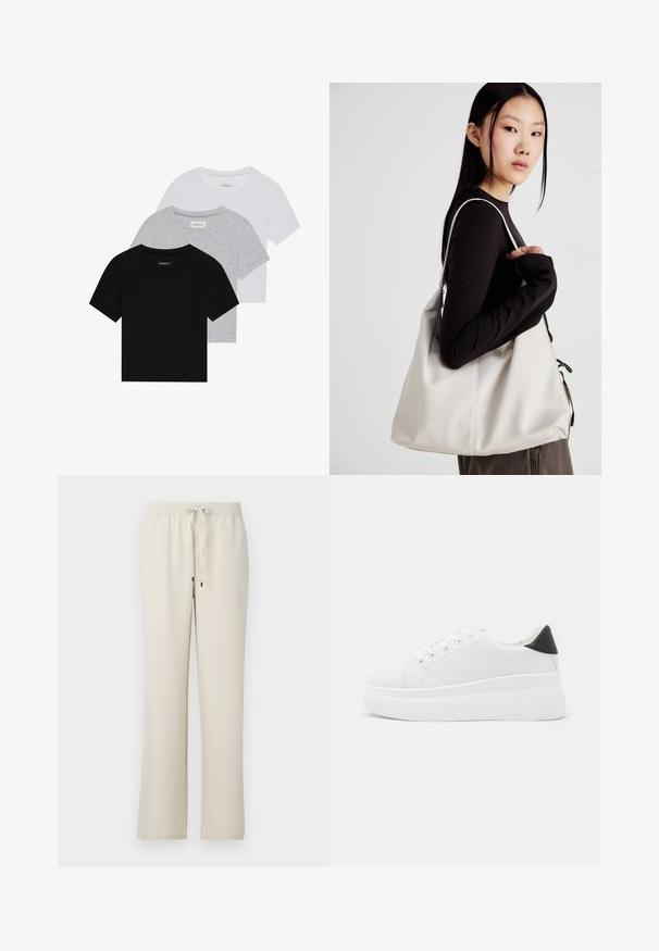 Set of three short-sleeve t-shirts in black, gray, and white. Made from cotton, featuring a crew neck and a simple, solid color design.; Beige, elastic-waist pants with a drawstring. Straight leg design, made from a soft material, featuring minimalistic style without patterns or accents.; White platform sneakers made of smooth synthetic material, featuring a rounded toe, lace-up design, and a textured rubber sole. Black heel accent.; Beige handbag made of soft material, featuring a slouchy design, stitched detailing, and two shoulder straps. Suitable for everyday use.