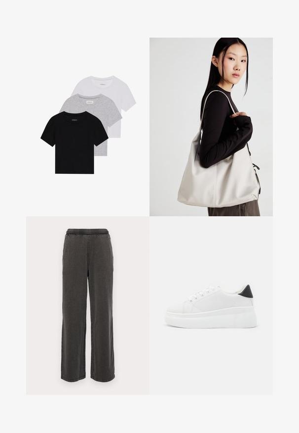 Három rövidujjú póló készlet fekete, szürke és fehér színben. Pamutból készült, kerek nyakú, egyszerű, egyszínű dizájnnal.; Sötét szürke, bő szárú nadrág puha anyagból, rugalmas derékkal, két oldalsó zsebbel és egyenes szegélyekkel. Nem látható mintázat.; Fehér platform sportcipők sima szintetikus anyagból, lekerekített orral, fűzős kialakítással és texturált gumitalppal. Fekete sarokdísz.; Puha anyagból készült bézs kézitáska, laza dizájnnal, varrott részletekkel és két vállpánttal. Mindennapi használatra alkalmas.