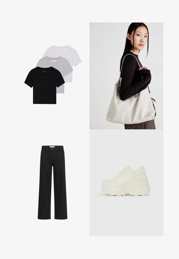 Sæt af tre kortærmede t-shirts i sort, grå og hvid. Fremstillet af bomuld, har en rund hals og et enkelt, ensfarvet design.; Kaffe KABROOK HW REG FIT - Flared jeans - black deep; Hvide platform sneakers med en glat læderlignende overdel, rund form, polstret krave og struktureret gummisål med definerede riller.; Beige håndtaske lavet af blødt materiale med et slouchy design, stikninger og to skulderremme. Velegnet til daglig brug.