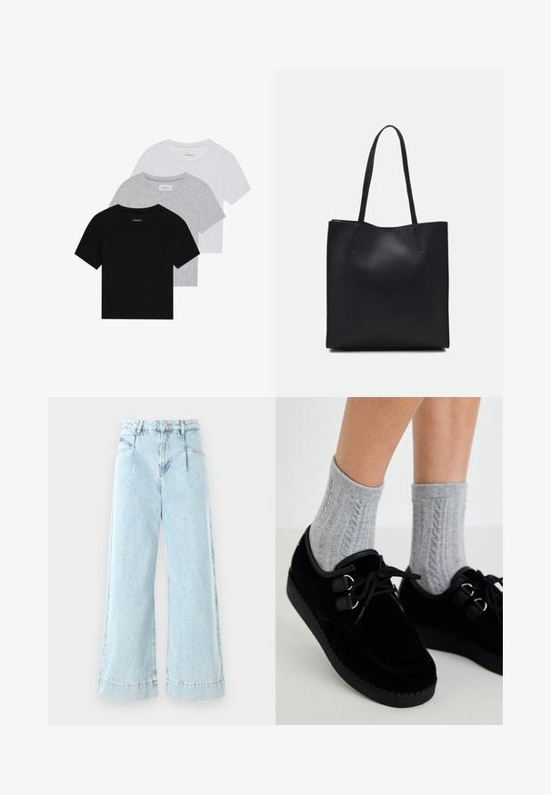 Σετ τριών κοντομάνικων μπλουζών σε μαύρο, γκρι και άσπρο. Κατασκευασμένες από βαμβάκι, διαθέτουν λαιμόκοψη και απλό, μονόχρωμο σχέδιο.; Ανοιχτό μπλε τζιν παντελόνι σε φαρδιά γραμμή, κατασκευασμένο από ντένιμ, με ψηλή μέση, μπροστινές τσέπες και ραφές στις άκρες.; Μαύρα βελούδινα παπούτσια με επίπεδες σόλες, στρογγυλή μύτη και διπλές οπές κορδονιού. Φορεμένα με γκρι καλσόν με σχέδιο καλωδίωσης. Λείος υφασμάτινος σχεδιασμός και απλή εμφάνιση.; Μαύρη δερμάτινη τσάντα tote με λείο υφή, ορθογώνιο σχήμα και δύο μακριές λαβές. Χωρίς ορατό υλικό ή διακοσμητικά στοιχεία.