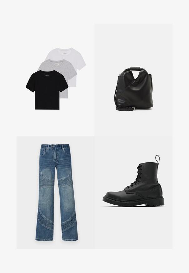 Set di tre t-shirt a maniche corte in nero, grigio e bianco. Realizzate in cotone, presentano un collo a giro e un design semplice in un colore solido.; Jeans in denim blu a vita alta con gamba larga, caratterizzati da dettagli con cuciture curve e sezioni a coste nella parte inferiore. Stile casual.; Stivale da combattimento in pelle nera con punta tonda, chiusura con lacci e linguetta alla caviglia. Presenta una suola in gomma spessa per durabilità.; Borsa nera in pelle morbida con un design unico e attorcigliato. Presenta una maniglia corta e una tracolla removibile. Stile minimalista.