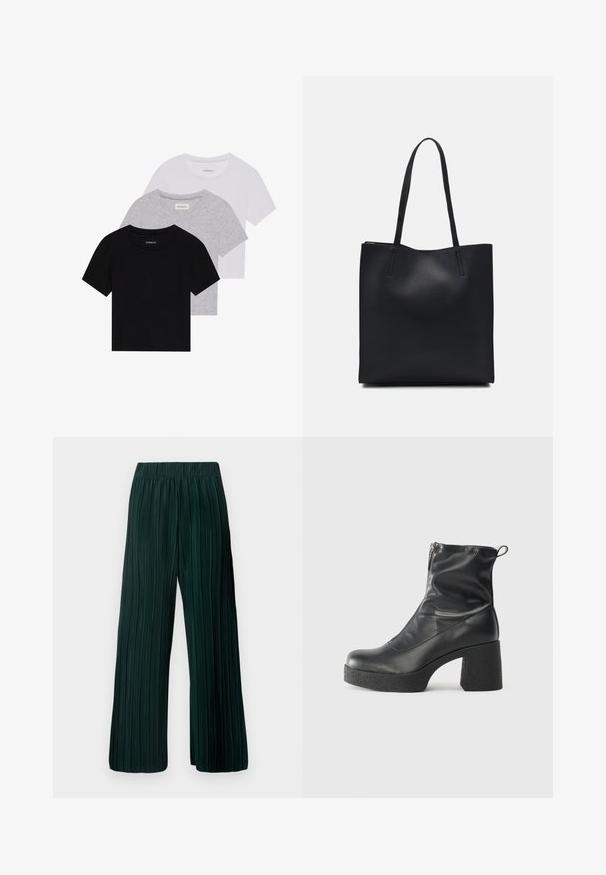 Ensemble de trois t-shirts à manches courtes en noir, gris et blanc. Fabriqués en coton, avec un col rond et un design simple de couleur unie.; Pantalons larges plissés en vert foncé. Fabriqués dans un tissu doux avec un design texturé et une taille élastique pour le confort.; Bottes noires à la cheville en cuir lisse, dotées d'une fermeture éclair sur le côté, d'un talon épais texturé et d'une conception à bout rond.; Sac fourre-tout en cuir noir avec une texture lisse, de forme rectangulaire et deux longues poignées. Pas de matériel ou d'ornementations visibles.