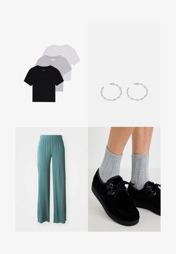 Három rövidujjú póló készlet fekete, szürke és fehér színben. Pamutból készült, kerek nyakú, egyszerű, egyszínű dizájnnal.; Világoskék, bő szárú nadrág textúrált anyagból, rugalmas derékpánttal, laza illeszkedéssel és egyenes szabással.; Fekete bársonycipők lapos talppal, kerek orral és dupla fűzőlyukkal. Szürke kötött zoknival viselve. Sima felület és egyszerű dizájn.; Ezüst karika fülbevalók csavart kialakítással, fényes felülettel és fülbevaló tűzáras zárással. Átmérőjük körülbelül 3 cm.