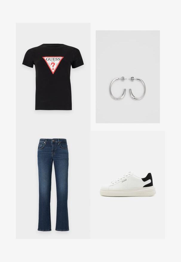 Svart bomullströja med en triangulär röd och vit logotyp med texten "GUESS U.S.A." och ett frågetecken i centrum. Korta ärmar.; Mörkblå denimjeans med rak benklippning, med framfickor, dragkedja och subtil blekning längs låren.; Vita lädersneakers med en tjock vit sula, svartsuede hälaccent och präglad logotyp på sidan. Snörningsdesign med sex öglor.; Silverfärgade hängande örhängen med en slät, blänkande yta. Rundad form, lätt design, med ett stift- och bakstängning.