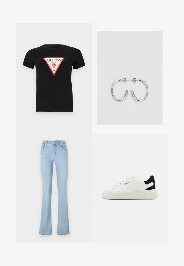 Čierne bavlnené tričko s krátkymi rukávmi so tvarovaným červenobielym logom v tvare trojuholníka, na ktorom je nápis "GUESS U.S.A." a otáznik v strede.; Svetlomodré rozšírené džínsy z denimového materiálu, so zvýšeným pásom, piatimi vreckami, predným gombíkom a minimálnymi švovými detailmi.; Biele kožené tenisky s hrubou bielou podrážkou, čiernym zamekom na päte a vyrazeným logom na boku. Šnurovací dizajn so šiestimi očkami.; Strieborné kruhové náušnice s hladkým a lesklým povrchom. Okrúhly tvar, ľahký dizajn, s uzáverom na kolík.