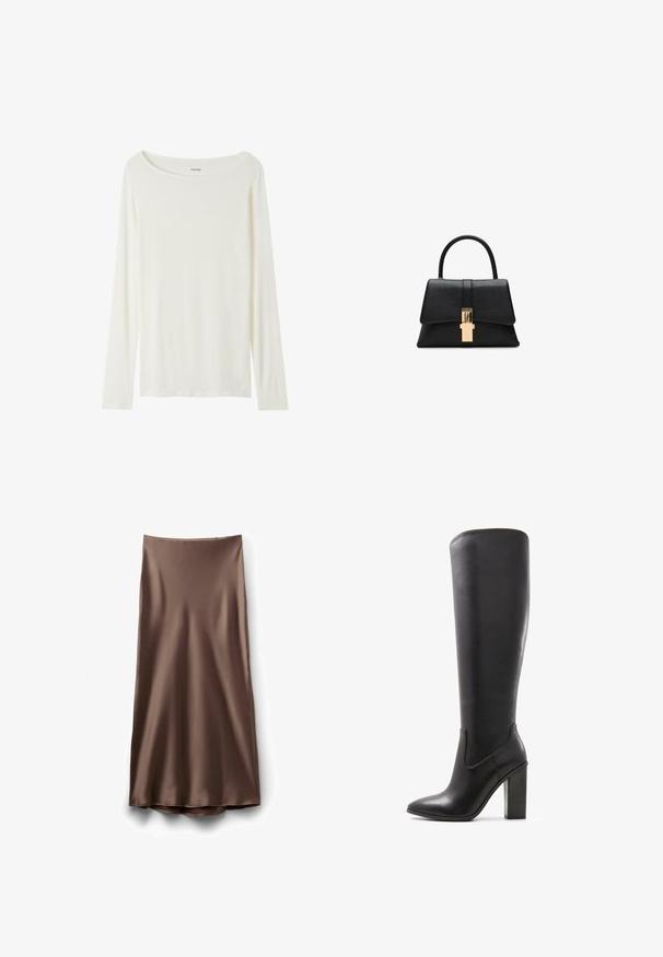 Dlouhý rukáv, top s kulatým výstřihem v krémové barvě, vyrobený z měkké látky. Disponuje rovný střihem a minimalistickým designem bez ozdob.; Satinová hnědá midi sukně s hladkým povrchem a mírně rozšířeným lemem, s jednoduchým, nezdobeným designem a bez viditelných zapínání.; ALDO PILLOW WALK PULL ON GLAJAR - Kozačky na vysokém podpatku - black; Černá strukturovaná kabelka s hladkým povrchem, s jedním horním uchem a zlatým zapínáním na přední straně. Minimalistický design.