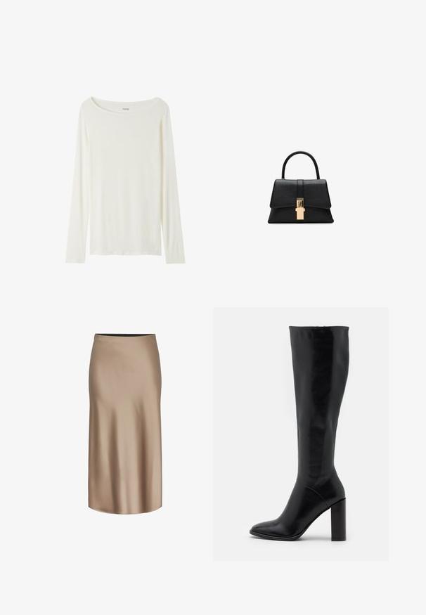 Langärmliges T-Shirt mit Rundhalsausschnitt in Cremefarbe aus weichem Material. Verfügt über einen geraden Schnitt und ein minimalistisches Design ohne Verzierungen.; Brauner Satin-Midirock mit glatter Textur, gerader Silhouette und einem elastischen Bund für Komfort. Keine sichtbaren Muster oder Akzente.; Knielange schwarze Lederstiefel mit spitzer Zehe und klobigem Absatz. Glatte Textur mit minimalen Akzenten und einem enganliegenden Schaftdesign.; Schwarze strukturierte Handtasche mit glatter Textur, einem einzelnen oberen Griff und einem goldfarbenen Verschlussdetail an der Vorderseite. Minimalistisches Design.; Strukturierte, glänzende goldene, unregelmäßige rechteckige Steckohrringe mit subtilen erhöhten und vertieften Mustern auf einem weißen Hintergrund.